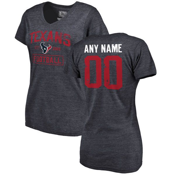 WoMen Navy Houston Texans Distressed Custom Name  Number Tri-Blend V-Neck NFL T-Shirt->nfl t-shirts->Sports Accessory